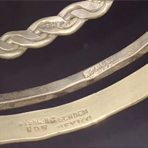 Ladies Mexican silver bangles, braided and stamped, 1/8” to 1/4” in width.